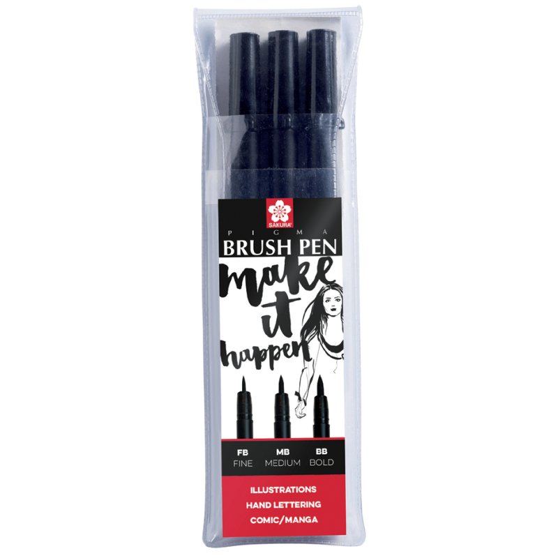 SAKURA PIGMA BRUSH stylos pinceaux, permanent, noir, 3 pièces